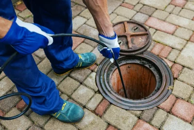 Plumber cleaning an outdoor sewer drain in Warminster