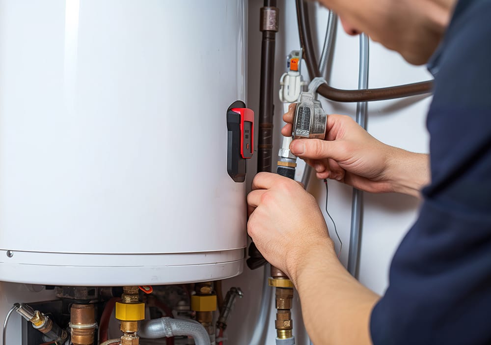 Technician repairing pipes connected to a water heater in Warminster